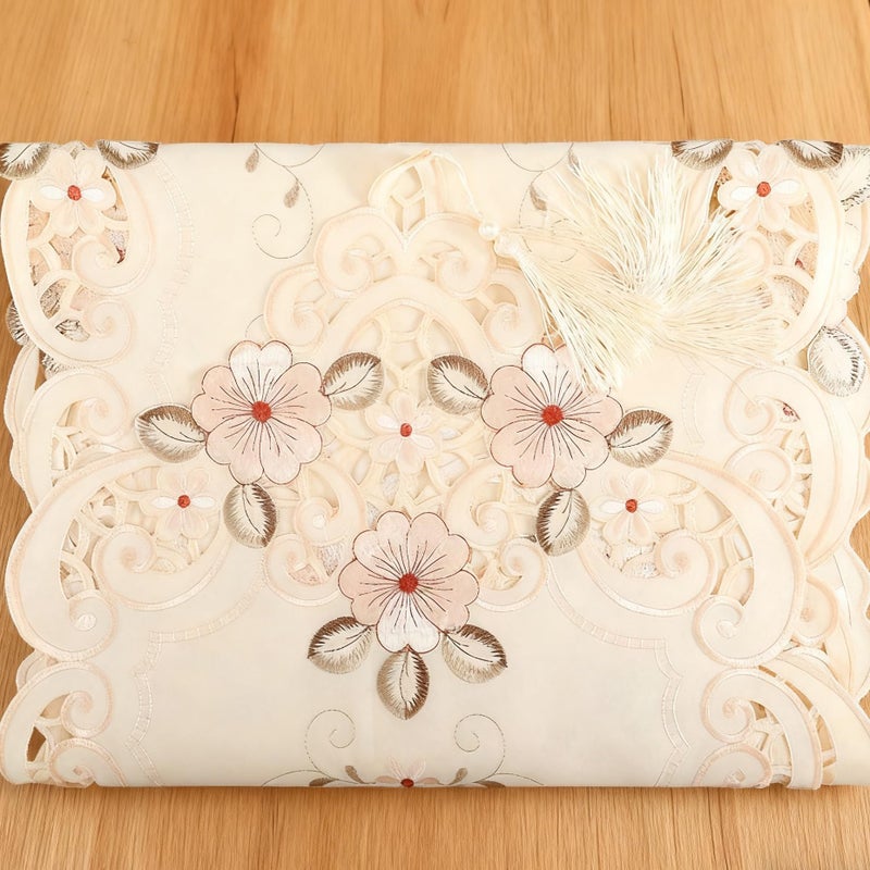 WELLYUK 33 Inch X 33 Inch Vintage Embroidered Pink Flower Beige Classic Lace Square Tablecloth, Elegant Dining Room Home Decoration Table Cloth Cover - Image 4