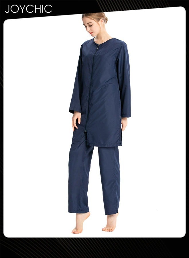 Joychic 3-piece Muslim Women Conservative Swimwear Set Summer Casual Comfortable and Sun Protection Long Sleeve Zipper Closure Swimsuit Lightweight Beach Wear Dark Blue  - Image 2