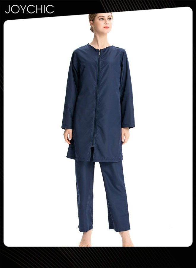 Joychic 3-piece Muslim Women Conservative Swimwear Set Summer Casual Comfortable and Sun Protection Long Sleeve Zipper Closure Swimsuit Lightweight Beach Wear Dark Blue  - Image 1
