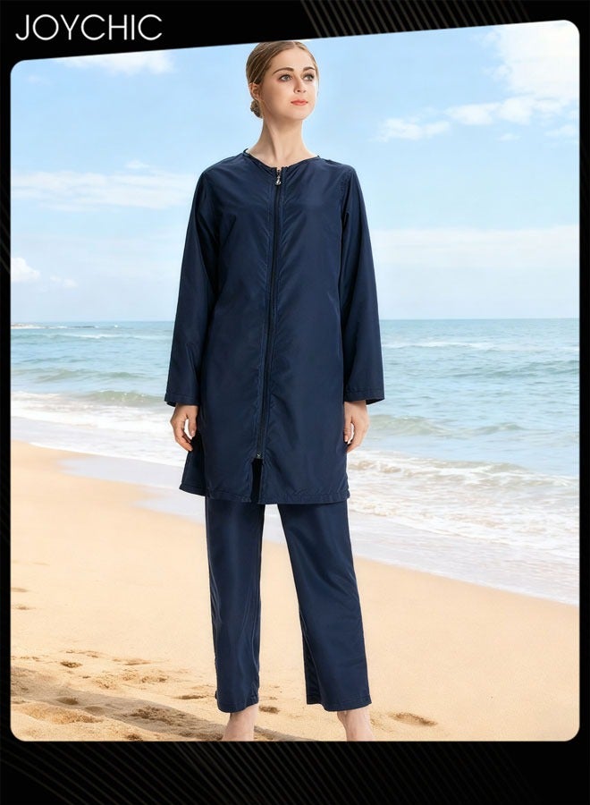 Joychic طقم ملابس سباحة للنساء المسلمات مكون من 3 قطع، صيفي كاجوال مريح وحماية من الشمس وأكمام طويلة وسحاب للإغلاق، ملابس سباحة خفيفة الوزن للشاطئ باللون الأزرق الداكن - Image 1