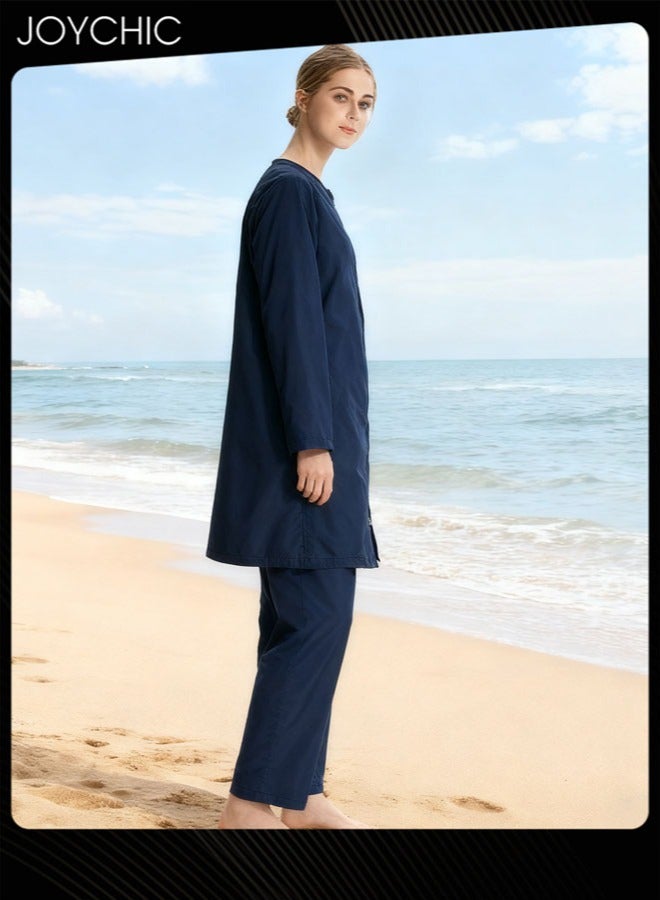 Joychic طقم ملابس سباحة للنساء المسلمات مكون من 3 قطع، صيفي كاجوال مريح وحماية من الشمس وأكمام طويلة وسحاب للإغلاق، ملابس سباحة خفيفة الوزن للشاطئ باللون الأزرق الداكن - Image 2