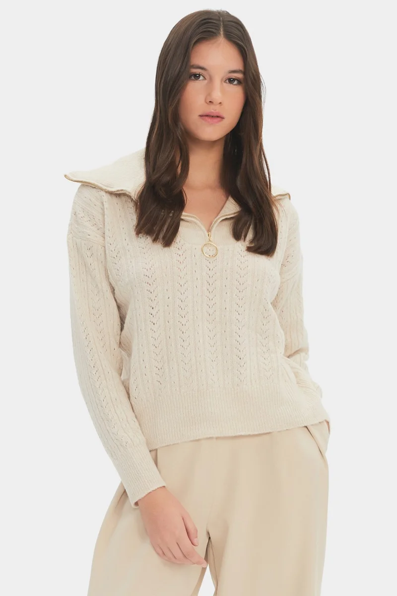 JUNE Women's Stand Collar Zipper Detailed Openwork/Perforated Knitwear Sweater