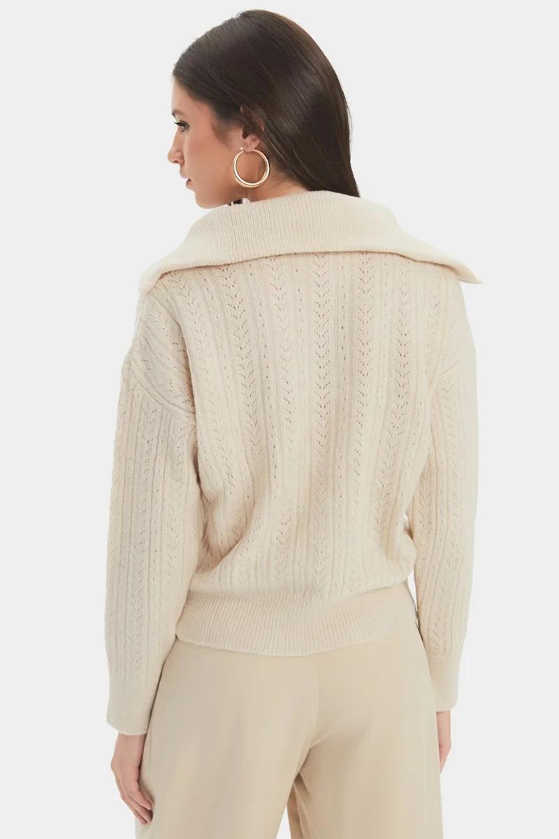 JUNE Women's Stand Collar Zipper Detailed Openwork/Perforated Knitwear Sweater