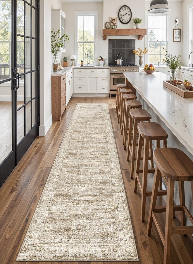 Soalmost Runner Rug 2'6" x 14' Washable Non-Slip Runner Rugs for Kitchen Bathroom Laundry Room Vintage Ultra Thin Runners for Hallway Entryway Brown - Image 2