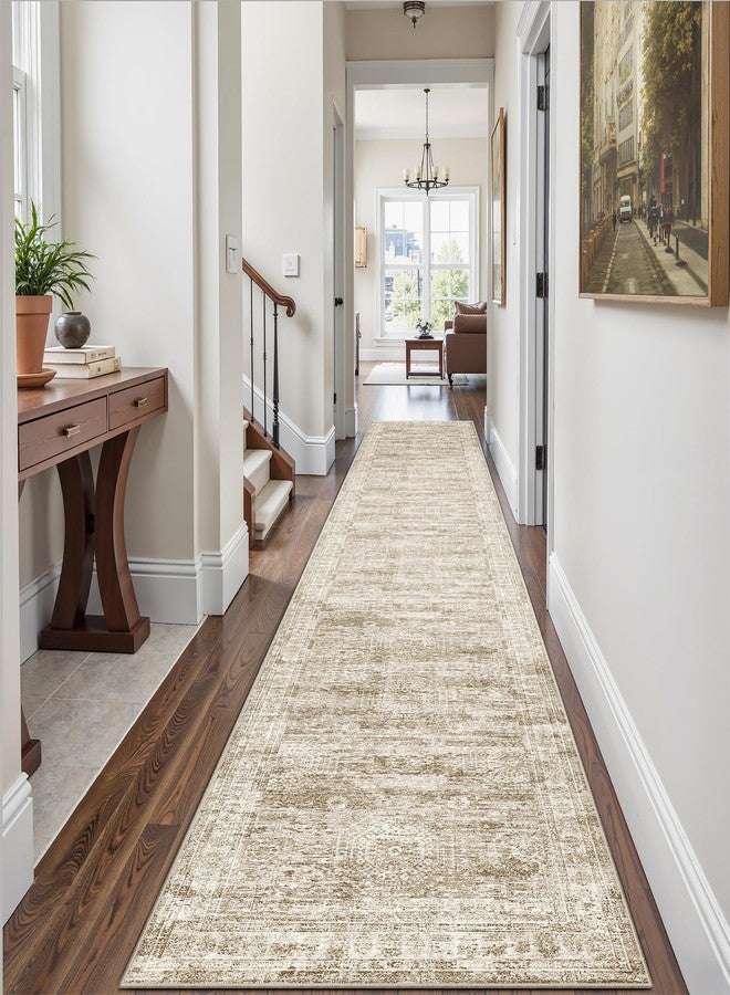 Soalmost Runner Rug 2'6" x 14' Washable Non-Slip Runner Rugs for Kitchen Bathroom Laundry Room Vintage Ultra Thin Runners for Hallway Entryway Brown - Image 1