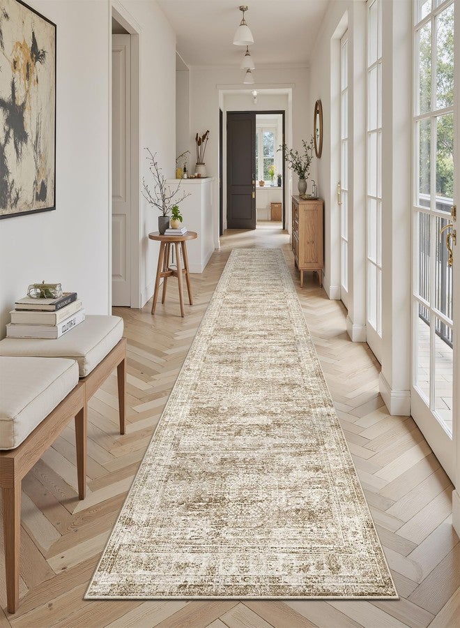 Soalmost Runner Rug 2'6" x 14' Washable Non-Slip Runner Rugs for Kitchen Bathroom Laundry Room Vintage Ultra Thin Runners for Hallway Entryway Brown - Image 3
