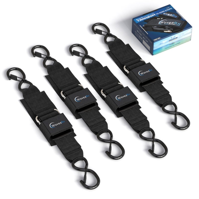 WAVESRX Jet Ski & PWC Boat Trailer Transom Straps (4PK) - 24" Tie Down Adjustable Boat Strap for Trailer - Outperforms Ratchet & Retractable Tie-Down Strap - Transom Tiedowns for Secure Transportation - Image 1