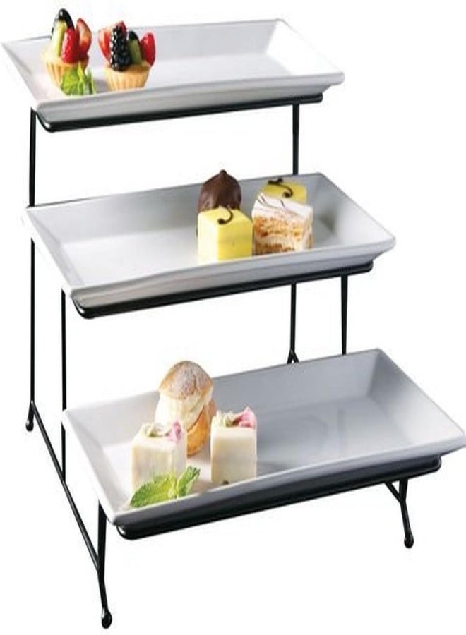 AKDC 3-Tier Classic Rectangular Serving Platter - Three Tiered Cupcake Tray Stand - Durable Food Server Display Plate Rack - White Pastry Decor Food Stand - Image 1
