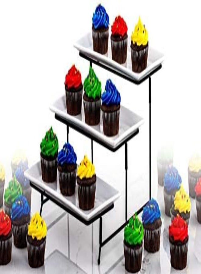 AKDC 3-Tier Classic Rectangular Serving Platter - Three Tiered Cupcake Tray Stand - Durable Food Server Display Plate Rack - White Pastry Decor Food Stand - Image 2