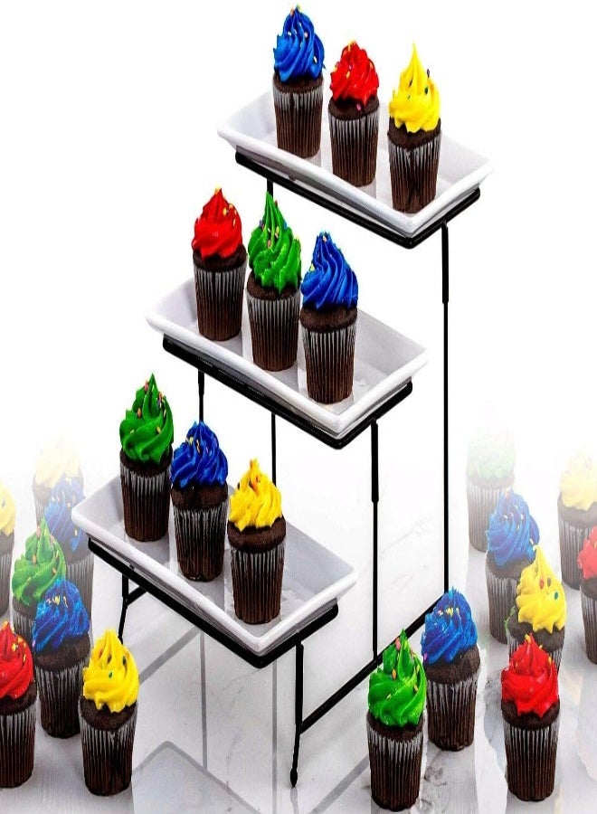 AKDC 3-Tier Classic Rectangular Serving Platter - Three Tiered Cupcake Tray Stand - Durable Food Server Display Plate Rack - White Pastry Decor Food Stand - Image 5
