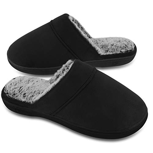 DL Men's Memory Foam Slippers with Fuzzy Plush Lining, Slip on House Slippers with Indoor Outdoor Anti-Skid Rubber Sole, Black, 11-12 - Image 1