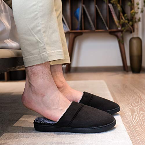 DL Men's Memory Foam Slippers with Fuzzy Plush Lining, Slip on House Slippers with Indoor Outdoor Anti-Skid Rubber Sole, Black, 11-12 - Image 5