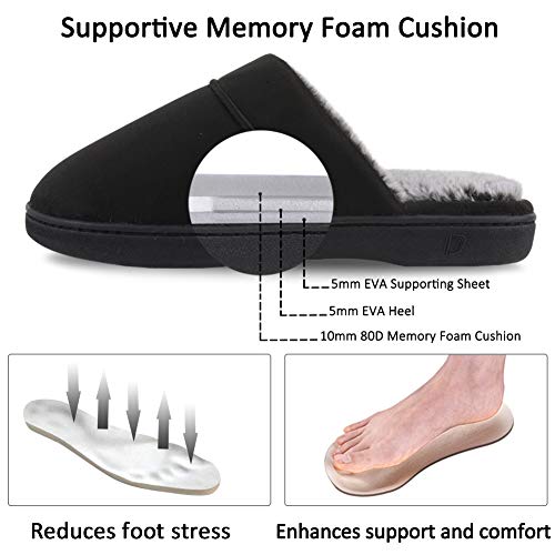 DL Men's Memory Foam Slippers with Fuzzy Plush Lining, Slip on House Slippers with Indoor Outdoor Anti-Skid Rubber Sole, Black, 11-12 - Image 3