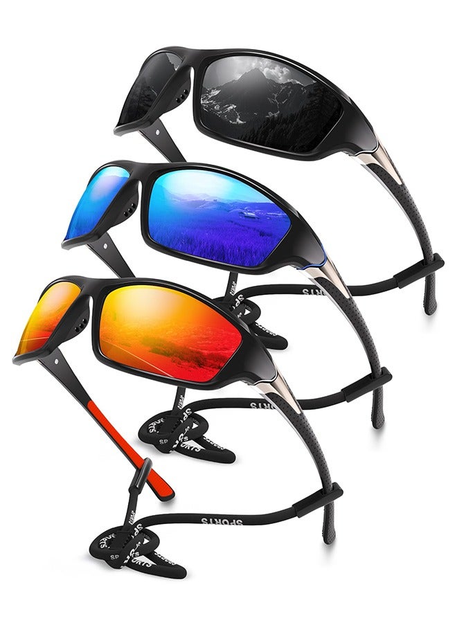 Sports Sunglasses Polarized For Mens Womens Driving Fishing Running Wrap Around Sun Glasses Unbreakable Frame Goggles with Glasses rope Strap UV Protection 3 Pack - Image 1