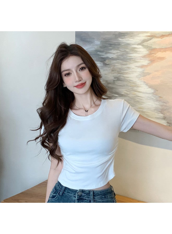 Modal Designer-Inspired Ruched Cap-Sleeve T-Shirt For Women, Summer Round Neck Basic Solid Color Waist-Cinching Slim Fit Top - Image 5