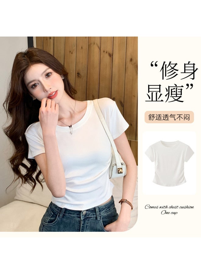 Modal Designer-Inspired Ruched Cap-Sleeve T-Shirt For Women, Summer Round Neck Basic Solid Color Waist-Cinching Slim Fit Top - Image 2