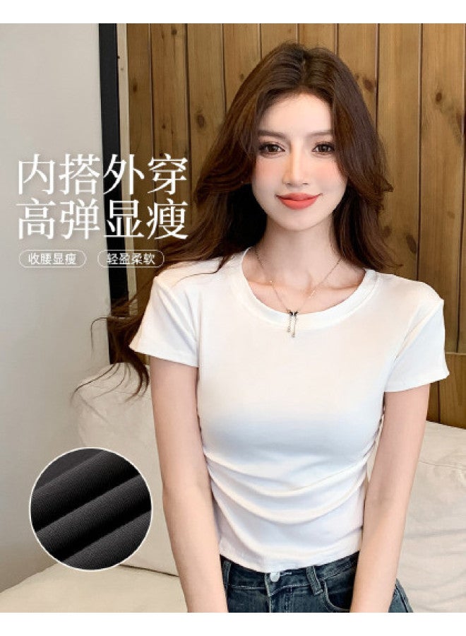 Modal Designer-Inspired Ruched Cap-Sleeve T-Shirt For Women, Summer Round Neck Basic Solid Color Waist-Cinching Slim Fit Top - Image 1