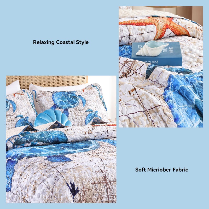 weigelia Coastal Quilts Bedding Set Queen Size - Summer Vintage Sea Turtles Nautical Bedding Quilt with Pillow Cases, Beach Reversible Quilt Set Bedspreads Coverlet Soft Lightweight Comforter - Image 5
