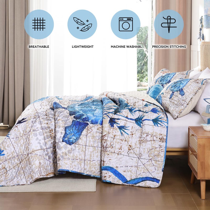 weigelia Coastal Quilts Bedding Set Queen Size - Summer Vintage Sea Turtles Nautical Bedding Quilt with Pillow Cases, Beach Reversible Quilt Set Bedspreads Coverlet Soft Lightweight Comforter - Image 4