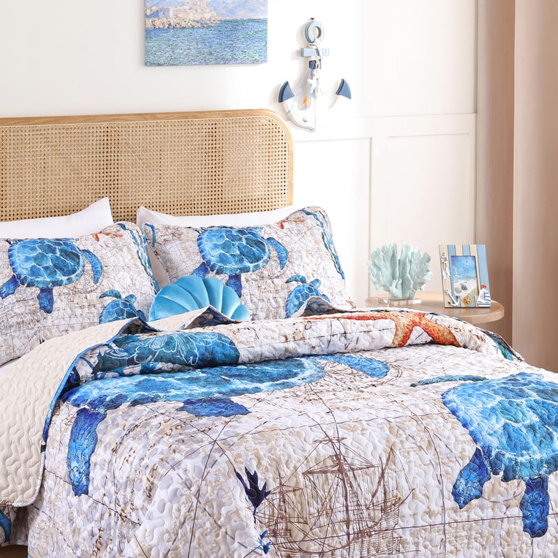 weigelia Coastal Quilts Bedding Set Queen Size - Summer Vintage Sea Turtles Nautical Bedding Quilt with Pillow Cases, Beach Reversible Quilt Set Bedspreads Coverlet Soft Lightweight Comforter - Image 3