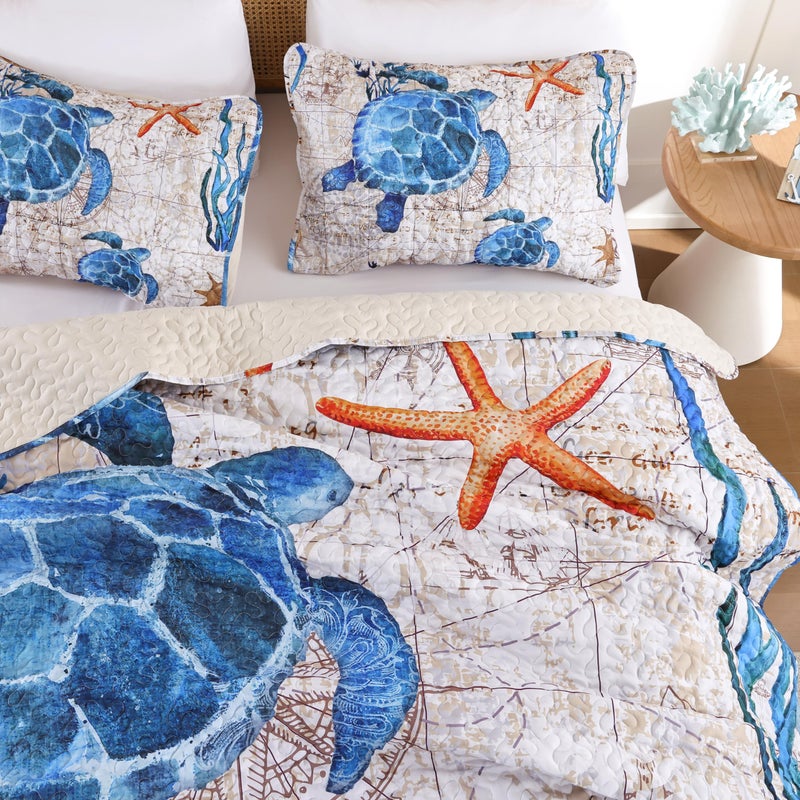 weigelia Coastal Quilts Bedding Set Queen Size - Summer Vintage Sea Turtles Nautical Bedding Quilt with Pillow Cases, Beach Reversible Quilt Set Bedspreads Coverlet Soft Lightweight Comforter - Image 2