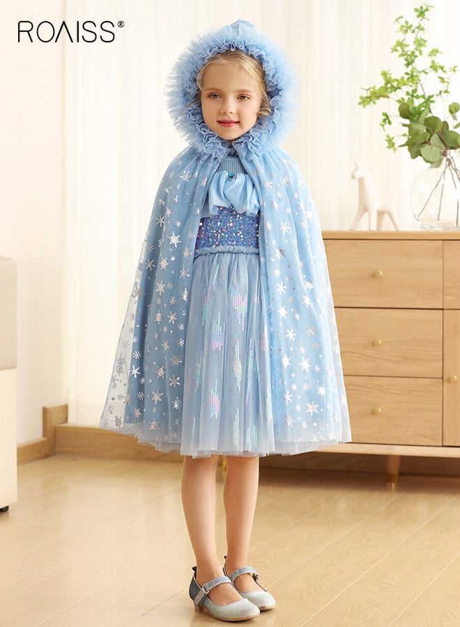 رويس عباءة بناتية بنقوش رقاقات الثلج، عباءة فاخرة بغطاء للرأس، زي تنكري للأميرات للبنات، مثالية للارتداء اليومي، الحفلات ذات الطابع الخاص، التنكر أو اللعب الخيالي - Image 1