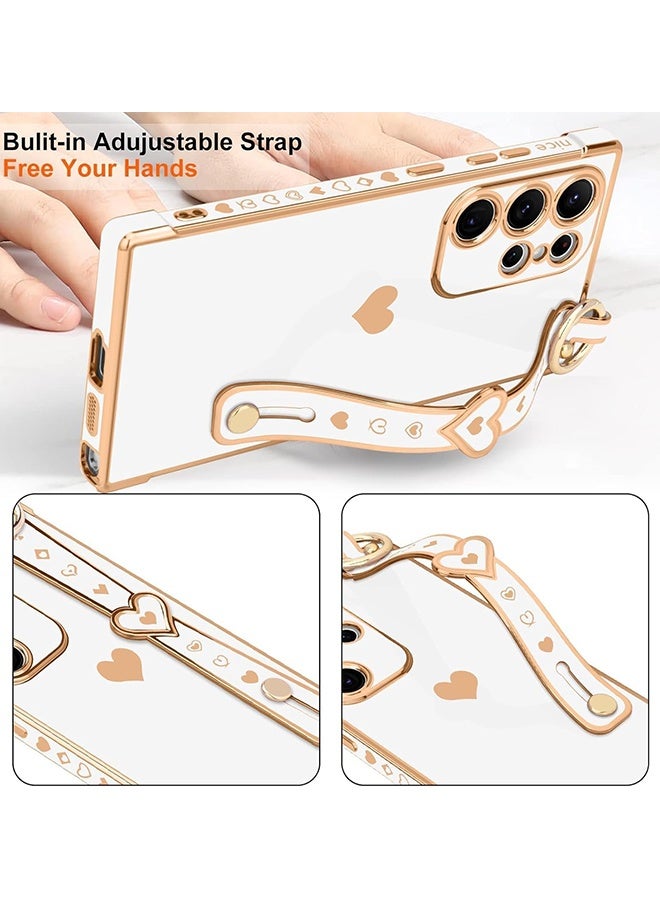 Wffo Compatible with Samsung Galaxy S25 Ultra Case - Adjustable Wrist Strap Kickstand - Cute Heart Luxury Gold Plating Bumper - Women Girl Men Protective Case Cover - White - Image 4