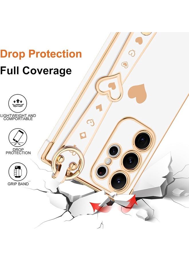 Wffo Compatible with Samsung Galaxy S25 Ultra Case - Adjustable Wrist Strap Kickstand - Cute Heart Luxury Gold Plating Bumper - Women Girl Men Protective Case Cover - White - Image 2