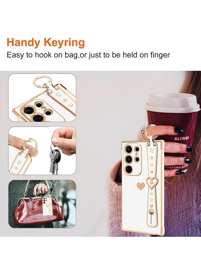 Wffo Compatible with Samsung Galaxy S25 Ultra Case - Adjustable Wrist Strap Kickstand - Cute Heart Luxury Gold Plating Bumper - Women Girl Men Protective Case Cover - White - Image 5