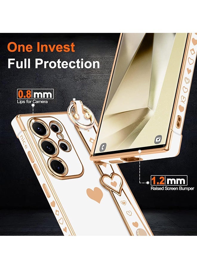 Wffo Compatible with Samsung Galaxy S25 Ultra Case - Adjustable Wrist Strap Kickstand - Cute Heart Luxury Gold Plating Bumper - Women Girl Men Protective Case Cover - White - Image 3