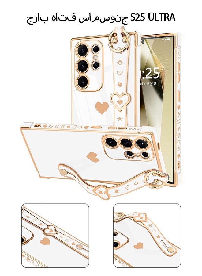 Wffo Compatible with Samsung Galaxy S25 Ultra Case - Adjustable Wrist Strap Kickstand - Cute Heart Luxury Gold Plating Bumper - Women Girl Men Protective Case Cover - White - Image 1