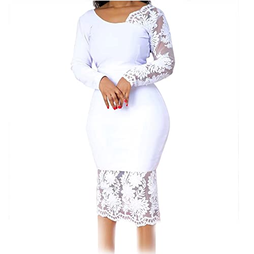 Cololura Women Elegant Floral Lace Patchwork Long Sleeve Evening Gown Party Cocktail Bodycon Dress White - Image 5