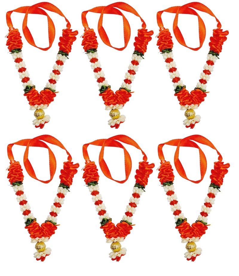 ARTISKRITI Small Orange Ribbon Mala for God Idols and Statues, Pooja Haar for Idols Murti Mala for Car Dashboard Figurine, Set of 6, 9 cm - Image 1