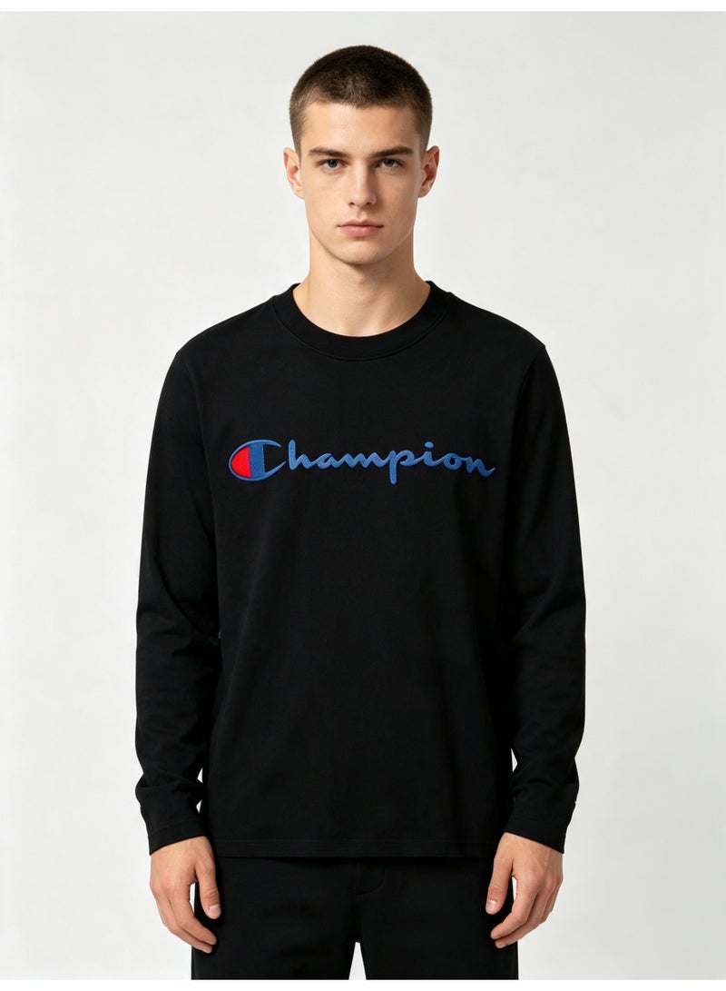 Champion Unisex Crew‑Neck Long Sleeve T‑Shirt Classic Logo Casual Cotton Top Black-XXXL - Image 1