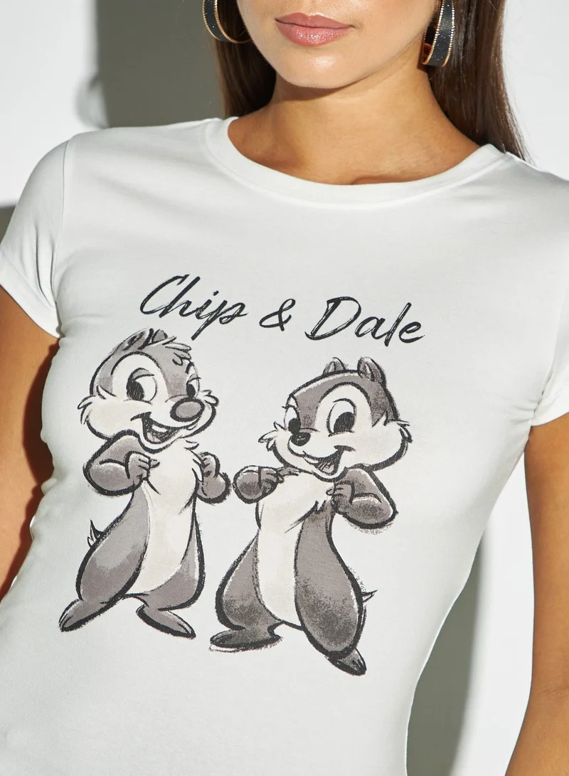 SP Characters Chip N Dale Print T-shirt with Round Neck and Cap Sleeves