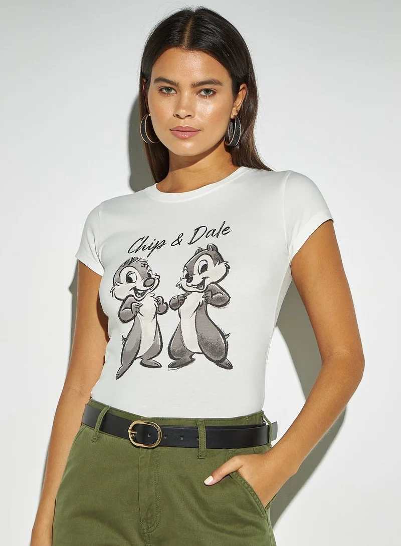 SP Characters Chip N Dale Print T-shirt with Round Neck and Cap Sleeves