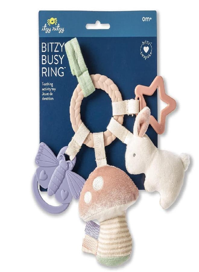 Itzy Ritzy - Itzy Ritzy Teething Activity Toy - Bitzy Busy Ring Features Braided Teething Ring and Dangling Toys; Includes Teether, Textured Ribbons, Crinkle Sound & Jingle Bell, Bunny - Image 1