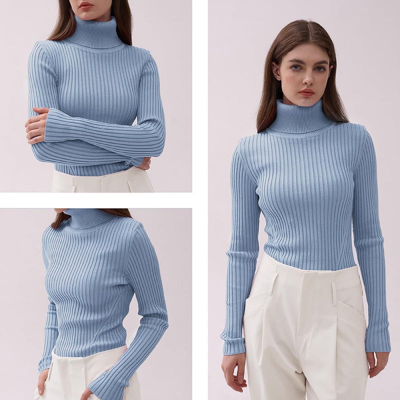 v28 Women Stretchable Korea Turtleneck Knit Long Sleeve Slim Sweater (L, Babyblue) - Image 2