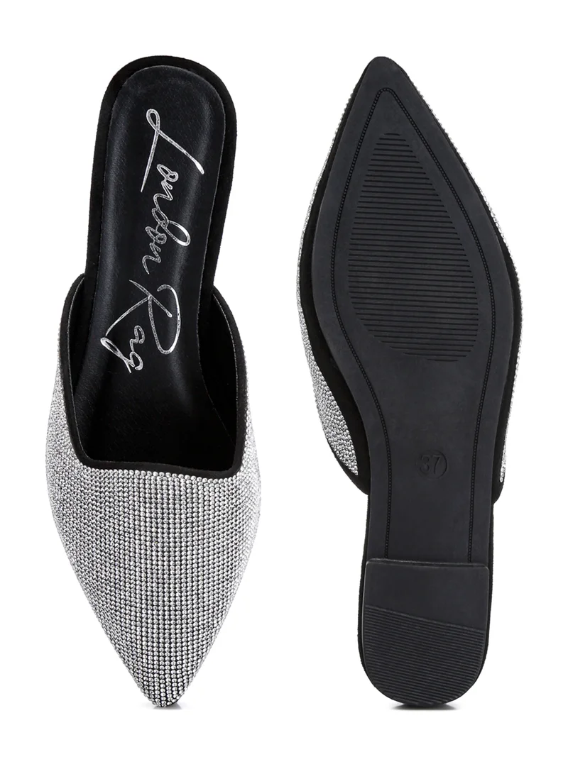 London Rag Rhinestones Embellished Mules in Black and Silver