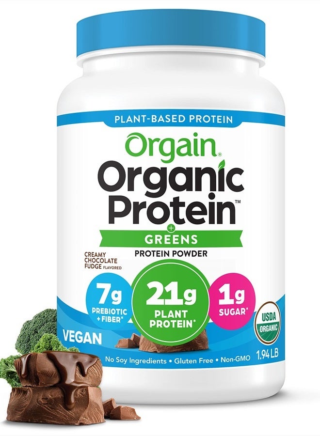 Orgain Organic Vegan Protein Powder + Greens, Creamy Chocolate Fudge - 21g Plant Based Protein, 7g Prebiotic Fiber for Gut Health, Gluten Free, No Lactose Ingredients, No Sugar Added, Non-GMO - 1.94lb - Image 1