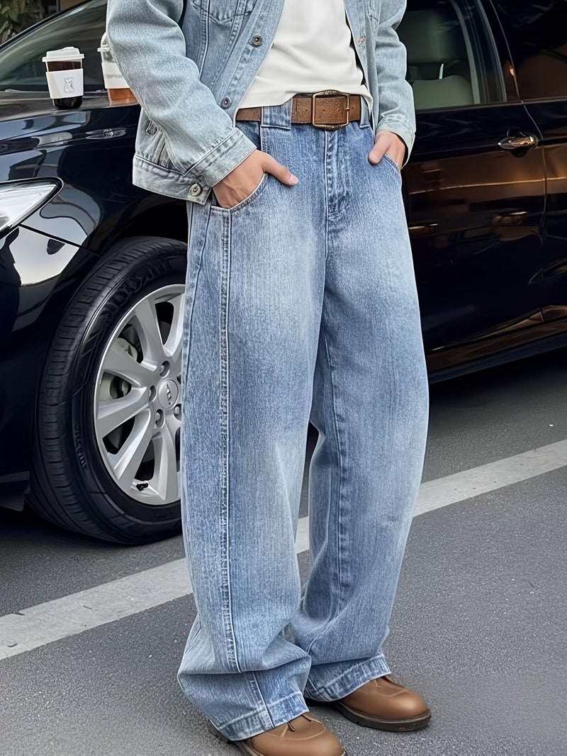 Light Blue Fashion Casual Loose Straight Men'S Jeans, Daily Wear Comfortable Breathable Commute Pocket Button Detail Versatile Trousers Trendy Spring Summer Autumn Winter All Seasons - Image 5