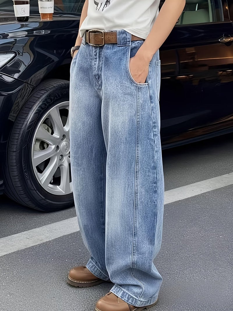 Light Blue Fashion Casual Loose Straight Men'S Jeans, Daily Wear Comfortable Breathable Commute Pocket Button Detail Versatile Trousers Trendy Spring Summer Autumn Winter All Seasons - Image 3
