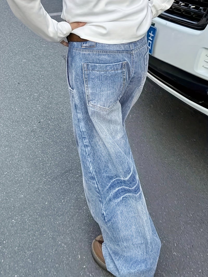 Light Blue Fashion Casual Loose Straight Men'S Jeans, Daily Wear Comfortable Breathable Commute Pocket Button Detail Versatile Trousers Trendy Spring Summer Autumn Winter All Seasons - Image 2