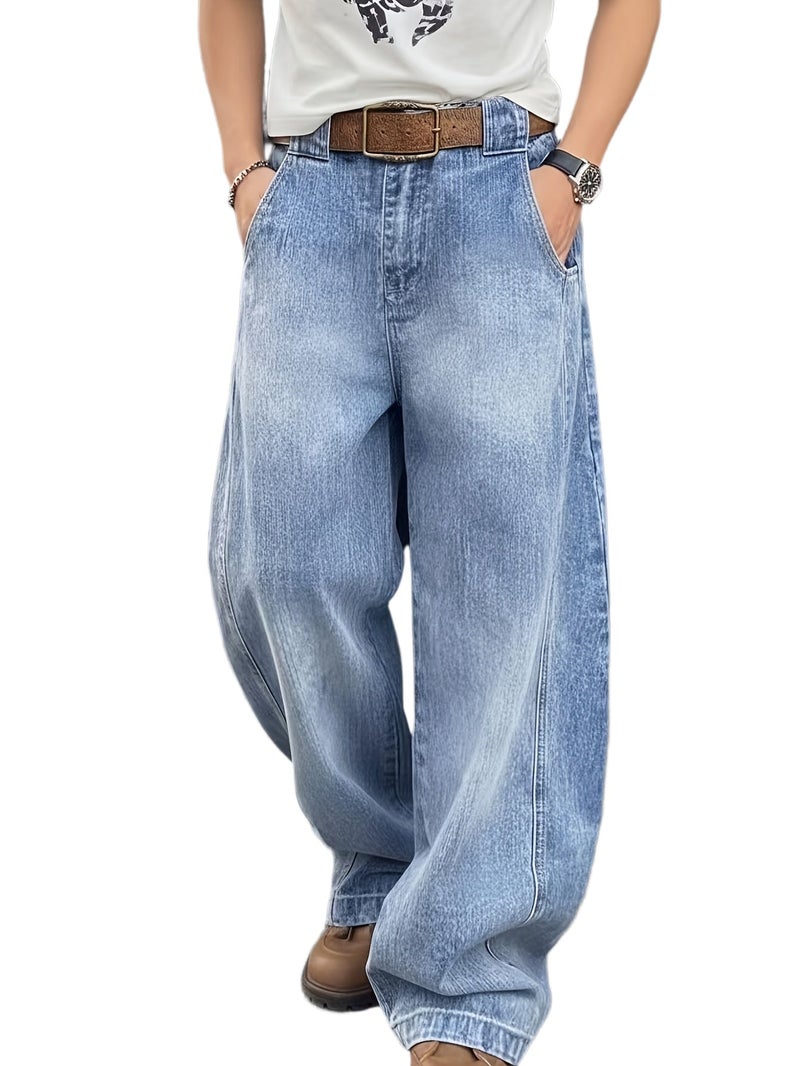 Light Blue Fashion Casual Loose Straight Men'S Jeans, Daily Wear Comfortable Breathable Commute Pocket Button Detail Versatile Trousers Trendy Spring Summer Autumn Winter All Seasons - Image 1