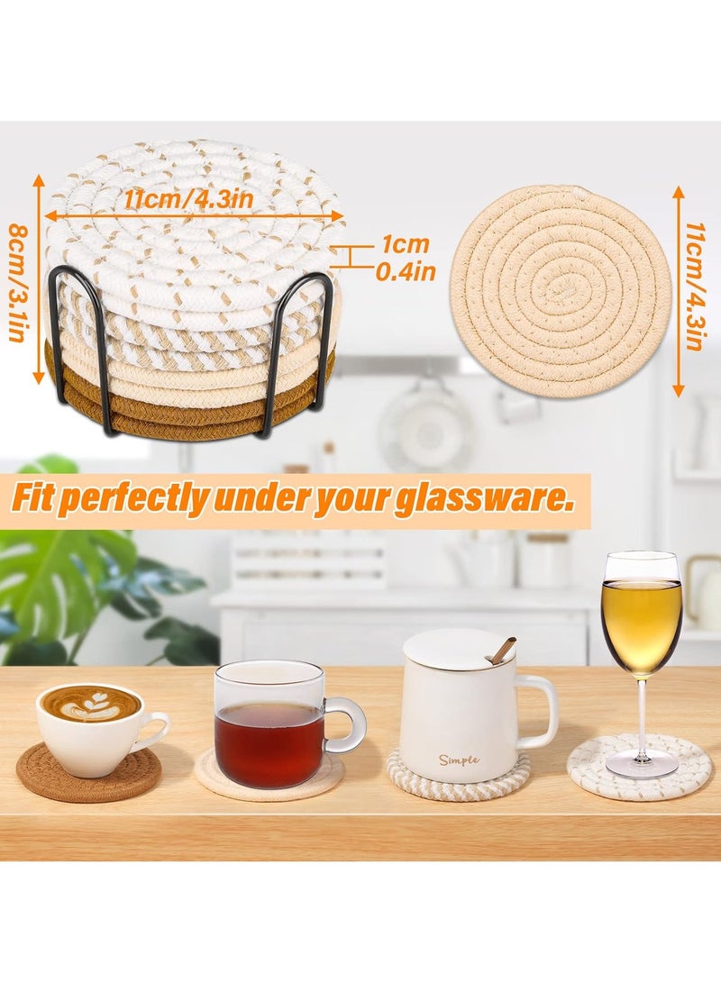 8 Pcs Drink Coasters with Holder, Minimalist Cotton Woven 4 Colors Absorbent Coaster Set for Home Decor Tabletop Protection Suitable for Kinds of Cups, 4.3 Inches  - Image 2