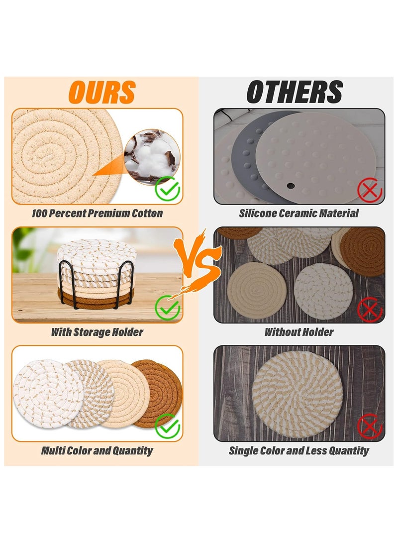 8 Pcs Drink Coasters with Holder, Minimalist Cotton Woven 4 Colors Absorbent Coaster Set for Home Decor Tabletop Protection Suitable for Kinds of Cups, 4.3 Inches  - Image 3