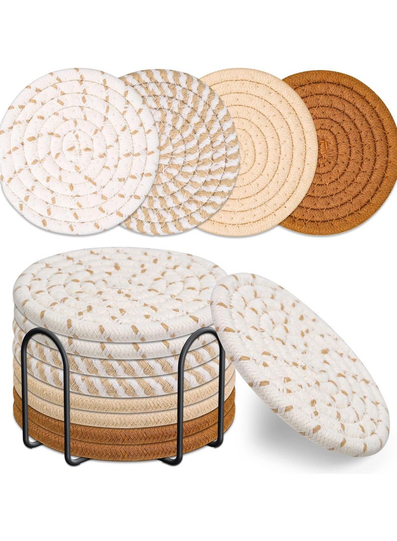 8 Pcs Drink Coasters with Holder, Minimalist Cotton Woven 4 Colors Absorbent Coaster Set for Home Decor Tabletop Protection Suitable for Kinds of Cups, 4.3 Inches  - Image 1