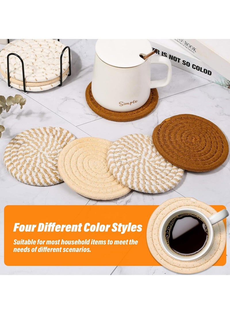 8 Pcs Drink Coasters with Holder, Minimalist Cotton Woven 4 Colors Absorbent Coaster Set for Home Decor Tabletop Protection Suitable for Kinds of Cups, 4.3 Inches  - Image 5
