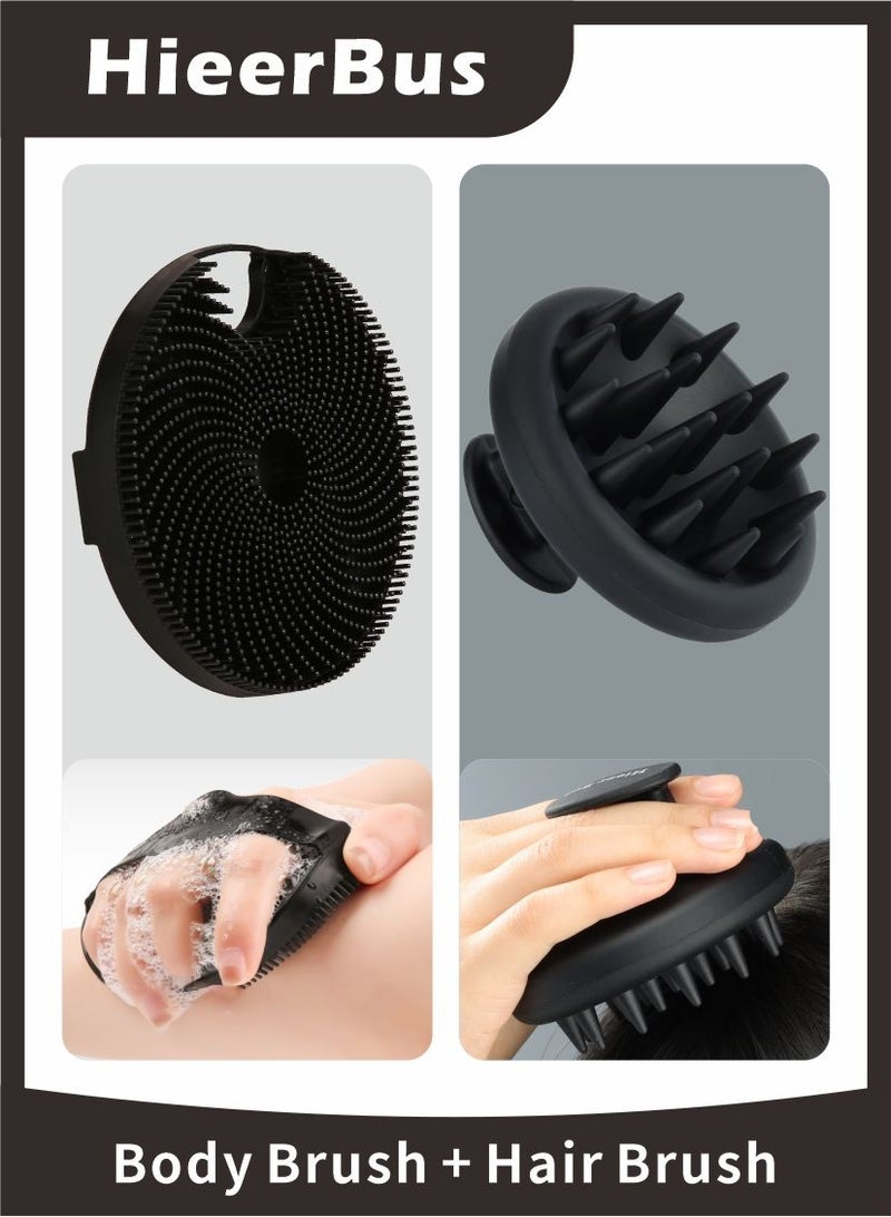 HieerBus Silicone Body Scrubber & Scalp Massager Hair Brush, Gentle Exfoliating Body Scrubber in Shower, Scalp Exfoliator Brush Dandruff Removal Shampoo Brush for Wet Dry Scalp Care,Black - Image 1