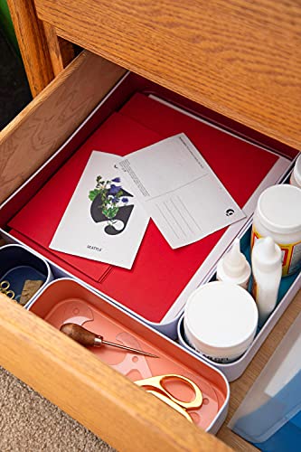 Three By Three Seattle 4 Piece Metal Organizer Tray Set for Storing Makeup, Stationary, Utensils, in Office Desk, Kitchen and Bathroom Drawers (2 Inch, Berry, Sunset, Blue, Stripes) - Image 3